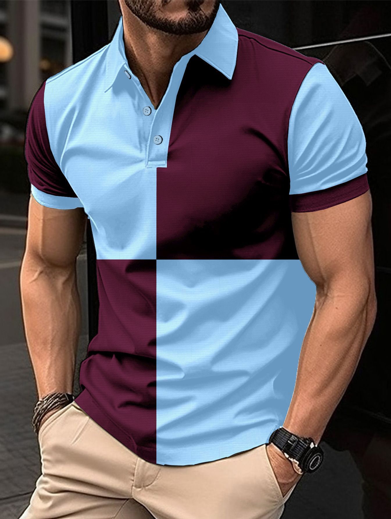 Men's Casual Sports Short Sleeve Color Stitching Turnover Neck Polo Shirt